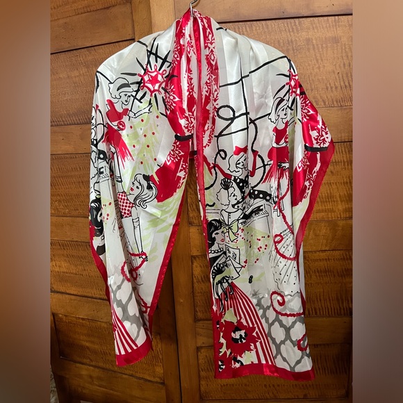 π1950s-Themed Girls Decorating Christmas Tree Scarf | Festive | Oblong 19βx69β - Picture 8 of 17